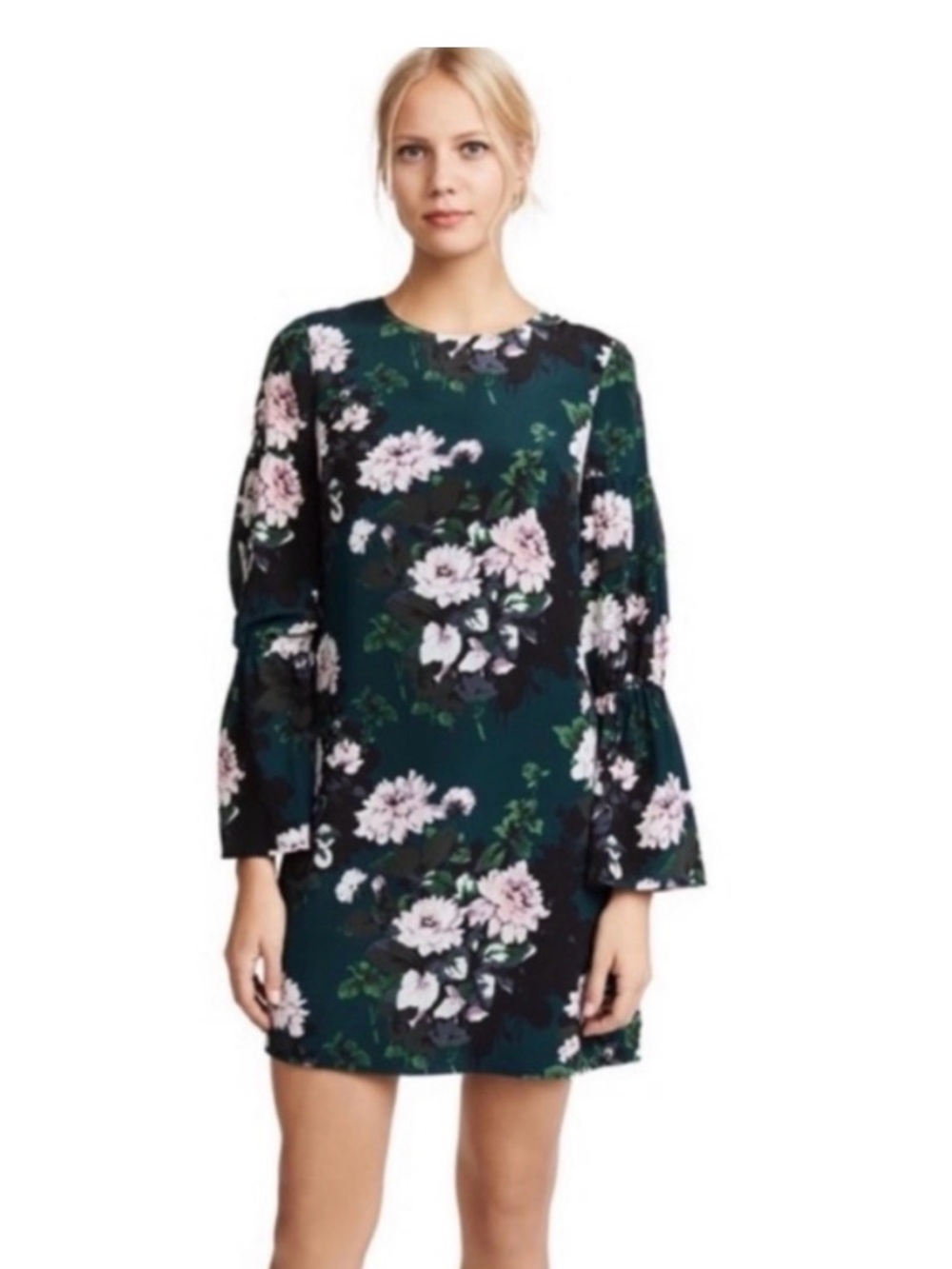 Club Monaco Sanai 100% Silk Floral Bell-Sleeve Shift Dress in Deep Green